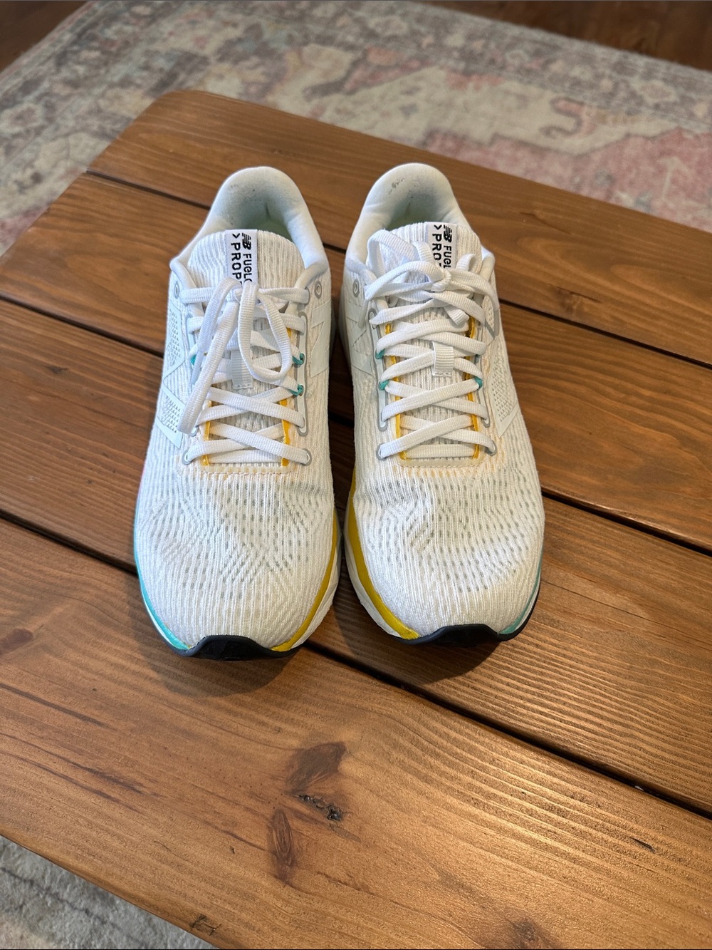 New Balance Fuelcell Propel White Athletic Running Shoes with Yellow & Teal